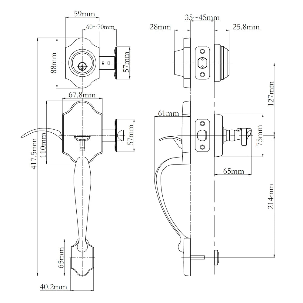 Technical drawing of a N2LOK Charente entry set box pack with dimensions labeled
