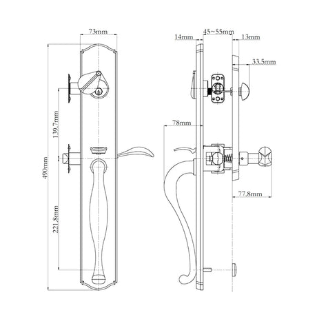 Technical drawing of a door handle N2LOK Etna Entry Handle Set Box Pack with dimensions labeled
