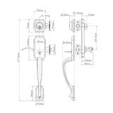 Technical drawing of a door handle N2LOK Garrone Entry Set Box Pack Dimensions with dimensions labeled