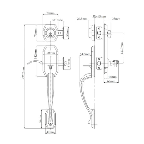 Technical drawing of a door handle N2LOK Garrone Entry Set Box Pack Dimensions with dimensions labeled