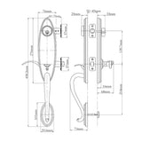 Technical drawing of a N2LOK Loire Entry Set Box Pack door handle with dimensions labeled