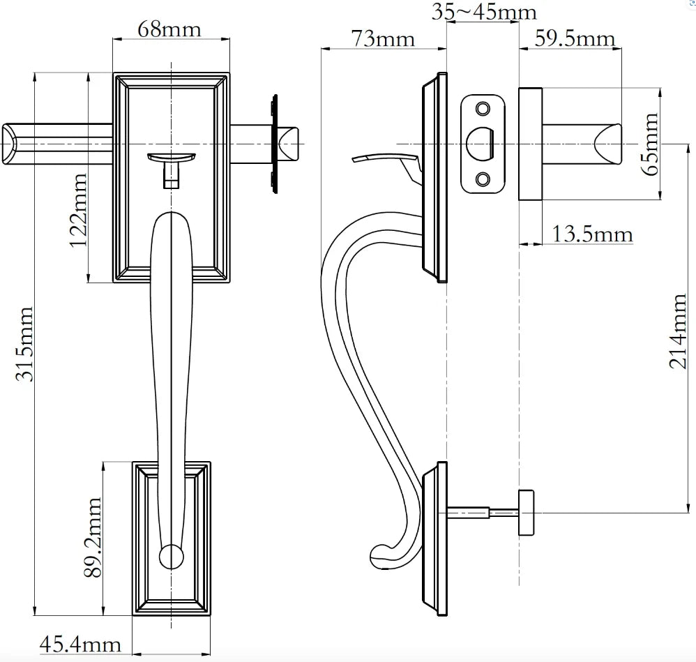 Technical dimension drawing of a door handle set  N2LOK MADISON Passage Entry Set Box Pack with front, side, and back views, showing measurements in millimeters.