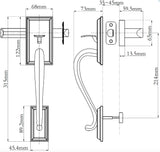 Technical dimension drawing of a door handle set  N2LOK MADISON Passage Entry Set Box Pack with front, side, and back views, showing measurements in millimeters.