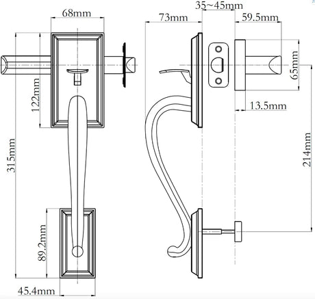 Technical dimension drawing of a door handle set  N2LOK MADISON Passage Entry Set Box Pack with front, side, and back views, showing measurements in millimeters.