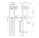 Technical dimension diagram of a door lock and latch assembly, N2LOK Montpellier Entry Set Box Pack, showing front, side, and back views with measurement labels and dimensions in millimeters.