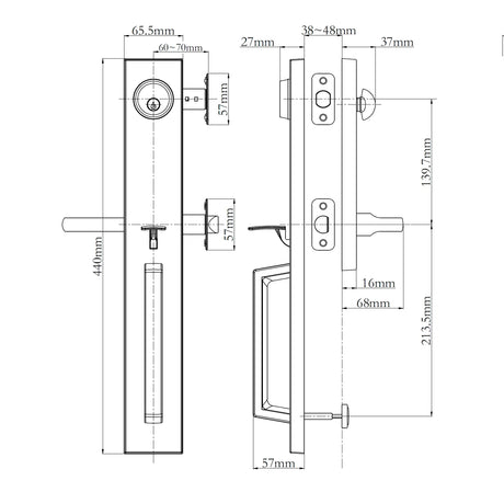 Technical dimension diagram of a door lock and latch assembly, N2LOK Montpellier Entry Set Box Pack, showing front, side, and back views with measurement labels and dimensions in millimeters.