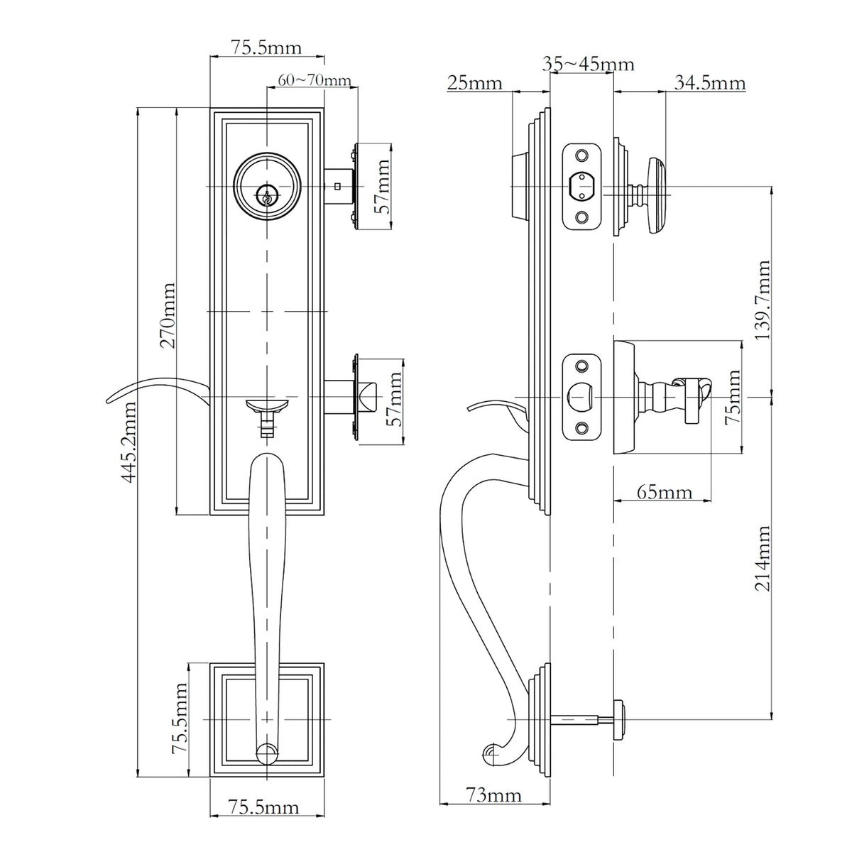 Technical dimension drawing of a door handle and lockset hardware N2LOK Seine Entry Set Box Pack Dimensions, showing front and side views with measurement labels and arrows on a white background.