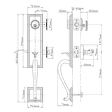 Technical dimension drawing of a door handle and lockset hardware N2LOK Seine Entry Set Box Pack Dimensions, showing front and side views with measurement labels and arrows on a white background.