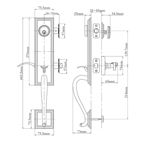 Technical dimension drawing of a door handle and lockset hardware N2LOK Seine Entry Set Box Pack Dimensions, showing front and side views with measurement labels and arrows on a white background.