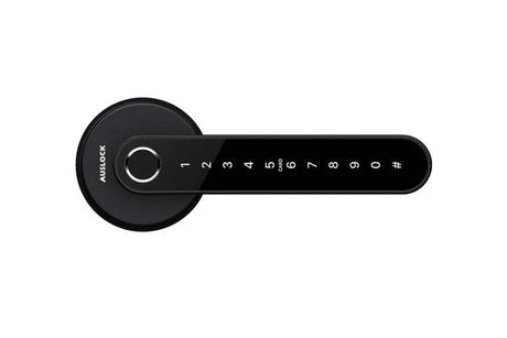 Black digital door lock with number keypad on a white background. NovoSeriesN31BRoundedHandleSmartLock2_a3024786-cd82-476a-a664-1eab9b952e87