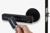 Digital door lock with keypad and a hand holding a keycard labeled 'AUSLOCK'. NovoSeriesN31BRoundedHandleSmartLock3_597fdb2b-0559-4f81-8ed2-ca8b0690c6f4