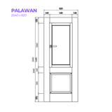 Technical drawing of a door with dimensions labeled, featuring the product 'Palawan'.