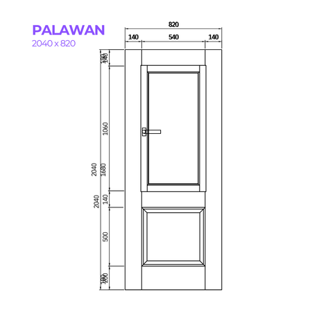 Technical drawing of a door with dimensions labeled, featuring the product 'Palawan'.