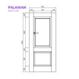 Technical drawing of a door with dimensions labeled, featuring the product 'Palawan'.