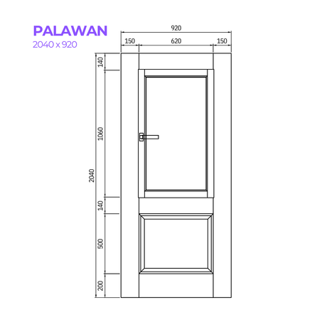 Technical drawing of a door with dimensions labeled, featuring the product 'Palawan'.