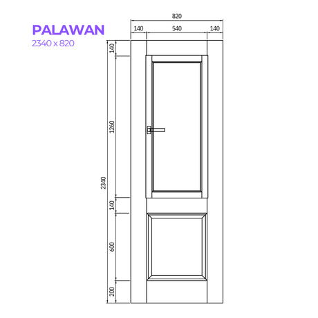 Technical drawing of a door with dimensions labeled, featuring the product 'Palawan'.