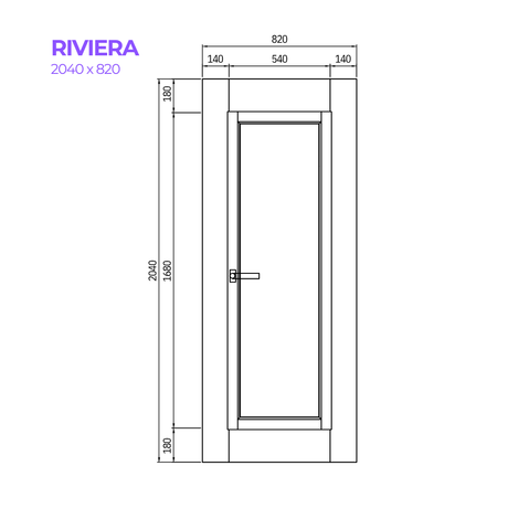 Technical drawing of a door with dimensions labeled, featuring the brand 'Riviera'.