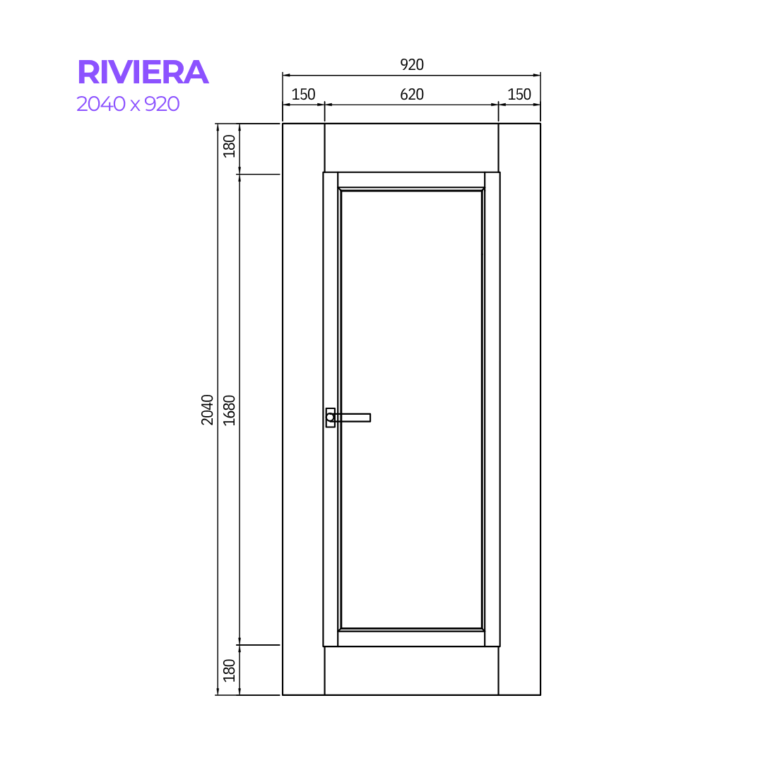 Technical drawing of a door with dimensions labeled, featuring the brand 'Riviera'.