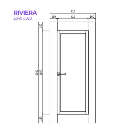 Technical drawing of a door with dimensions labeled, featuring the brand 'Riviera'.