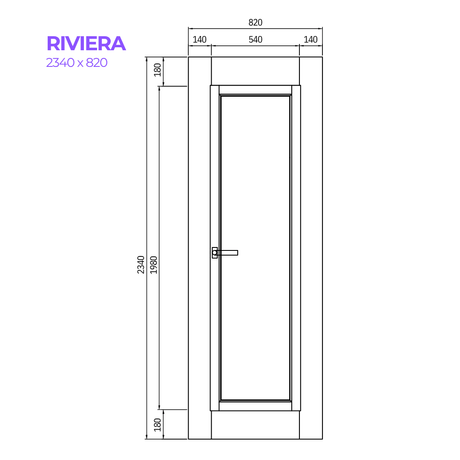 Technical drawing of a door with dimensions labeled, featuring the brand 'Riviera'.