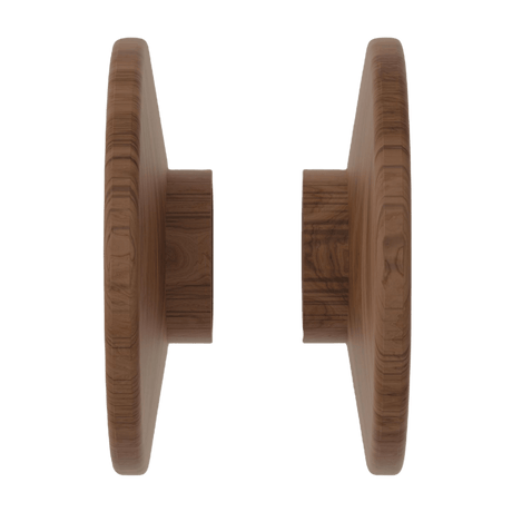 Two wooden round door handles on a transparent background. RoundEmberwoodPair
