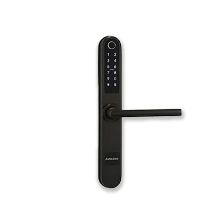 Black digital door handle with electronic keypad on a white background. S13BGrey