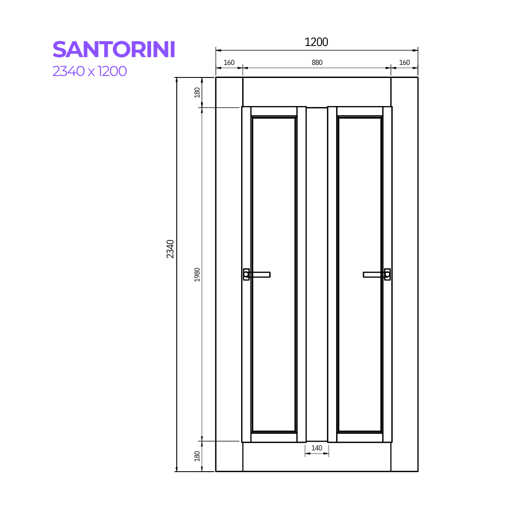 Drawing of the Santorini Door from Bay Solutions in the size 2340 x 1200