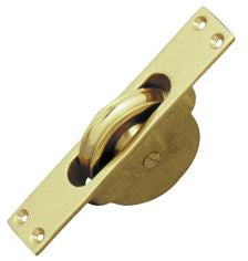 Brass window latch on a white background. SashCordPulleyPB125mm