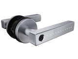 Modern door handle with electronic keypad on a white background. SilverN25