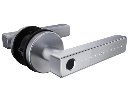 Modern door handle with electronic keypad on a white background. SilverN25