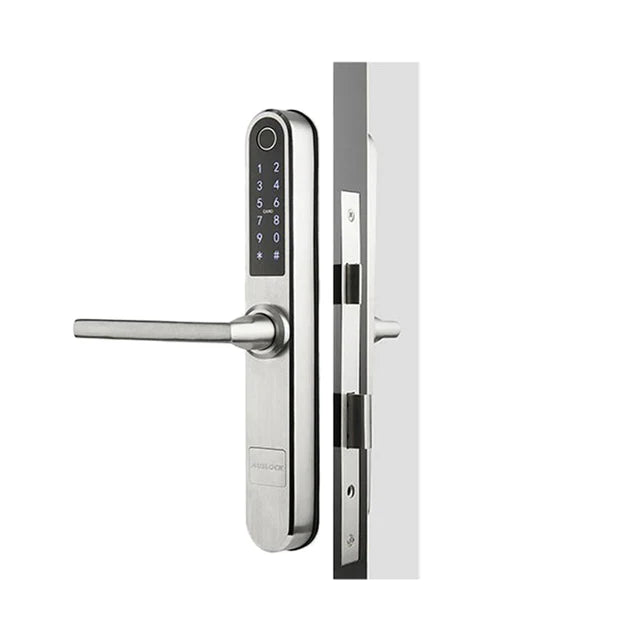 Digital door handle with electronic keypad on a white background. SlimSeriesS31BSilver