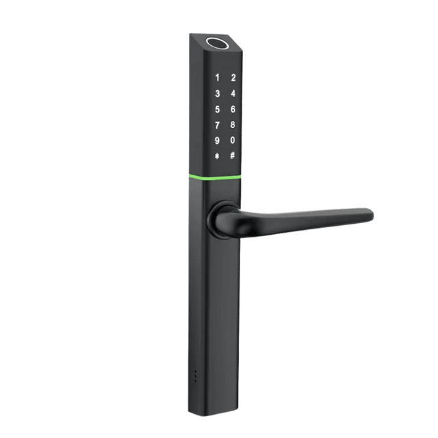 Black digital door lock with a green accent on a transparent background. SlimSeriesS3BBlack