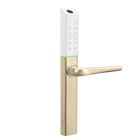 Digital door handle with keypad on a green background. SlimSeriesS3BGold