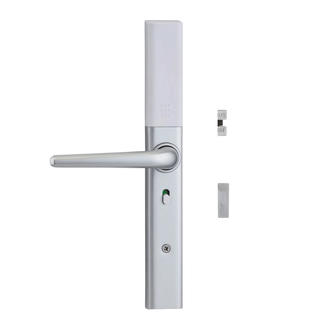 Silver door handle and lock mechanism on a green background. SlimSeriesS3BSilver
