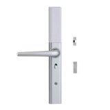 Silver door handle and lock mechanism on a green background. SlimSeriesS3BSilver