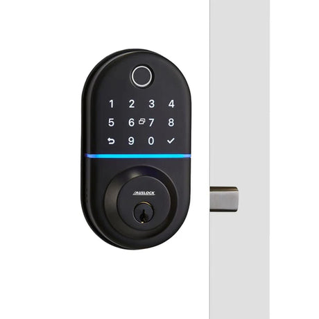 Smart door lock with digital keypad on a white background. SmartDeadboltT13