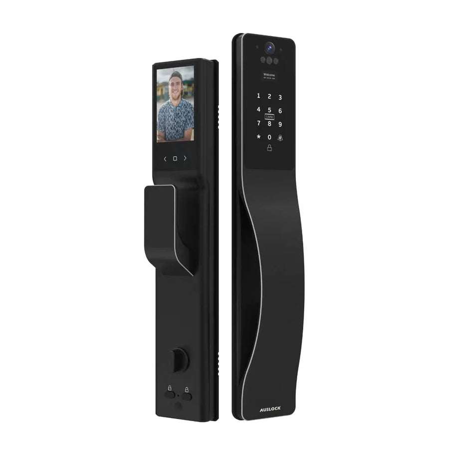 Black digital door lock with face recognition and keypad on a white background. SmartPush-PullLock-SpaceAlloyEdition-black_799d775a-00a4-43c3-8197-f2840012e826