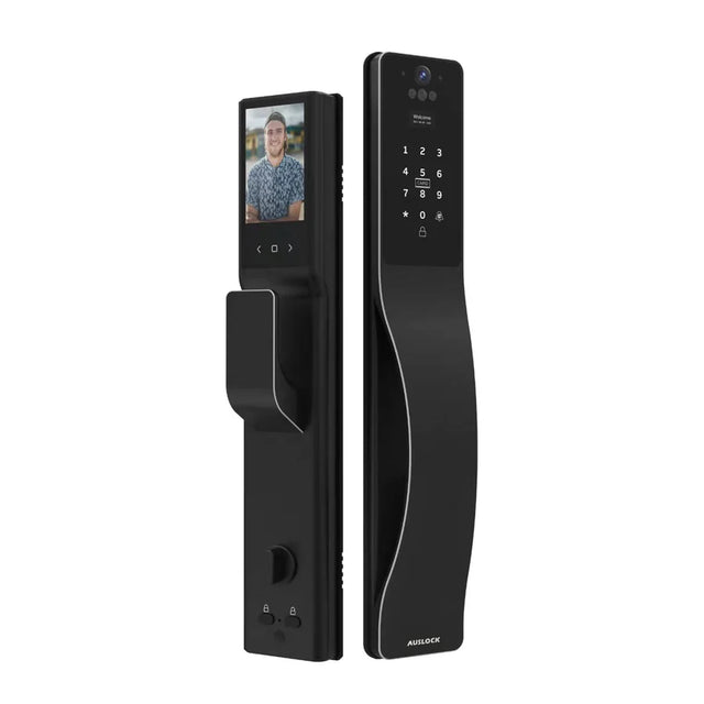 Black digital door lock with face recognition and keypad on a white background. SmartPush-PullLock-SpaceAlloyEdition-black_799d775a-00a4-43c3-8197-f2840012e826