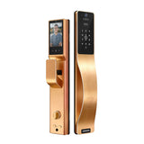 Gold electronic door lock with face recognition and keypad on a white background. SmartPush-PullLock-SpaceAlloyEdition-gold