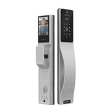 Digital door lock with face recognition and keypad on a white background. SmartPush-PullLock-SpaceAlloyEdition-silver