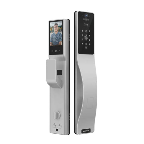 Digital door lock with face recognition and keypad on a white background. SmartPush-PullLock-SpaceAlloyEdition-silver