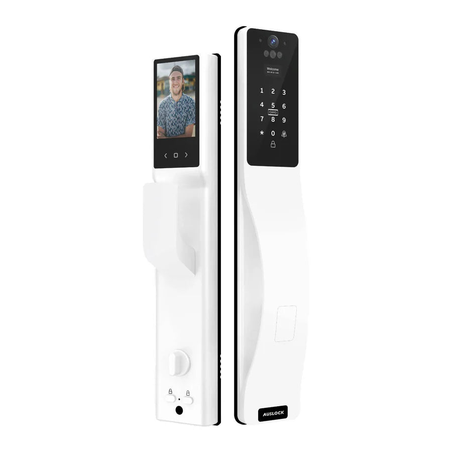 Smart door lock with digital keypad and face recognition camera on a white background. SmartPush-PullLock-SpaceAlloyEdition-white