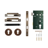 Lock mechanism components including a deadbolt, escutcheons, and screws on a white background. SolidBrassRollerMorticeEntranceSetInBronze