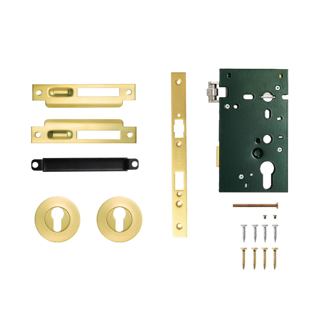 Door lock mechanism set with brass and black components on a white background. SolidBrassRollerMorticeEntranceSetInBrushedSatinBrass