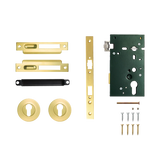 Door lock mechanism set with brass and black components on a white background. SolidBrassRollerMorticeEntranceSetInBrushedSatinBrass