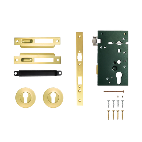 Door lock mechanism set with brass and black components on a white background. SolidBrassRollerMorticeEntranceSetInBrushedSatinBrass