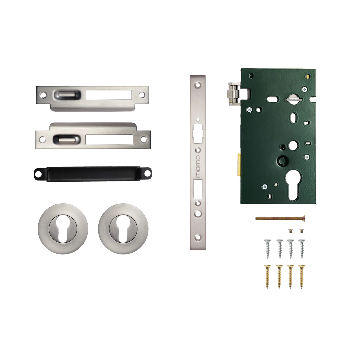 Set of door hardware components including a latch, escutcheon, and screws on a white background. SolidBrassRollerMorticeEntranceSetInDullBrushedNickel