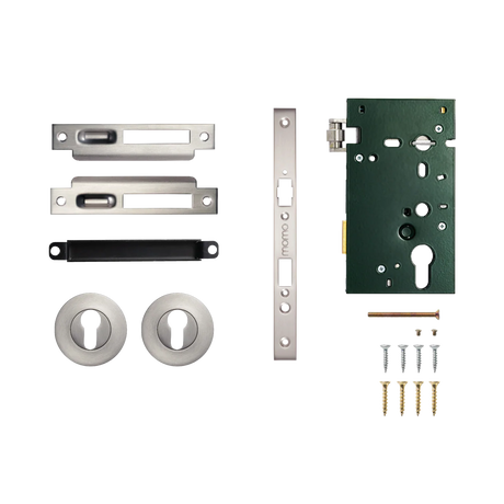 Set of door hardware components including a latch, escutcheon, and screws on a white background. SolidBrassRollerMorticeEntranceSetInDullBrushedNickel