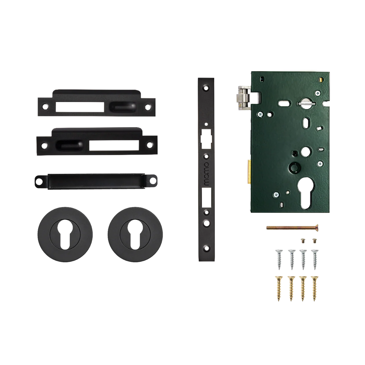 Door lock mechanism set with components on a white background. SolidBrassRollerMorticeEntranceSetInMattBlack