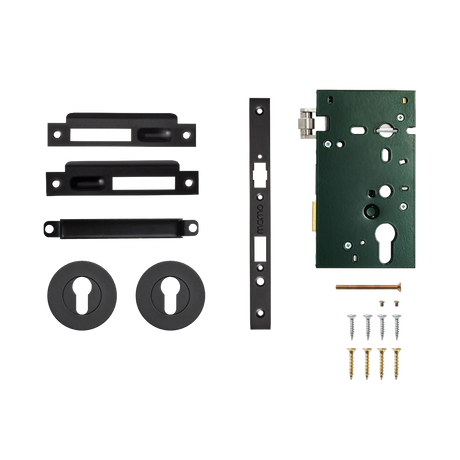 Door lock mechanism set with components on a white background. SolidBrassRollerMorticeEntranceSetInMattBlack